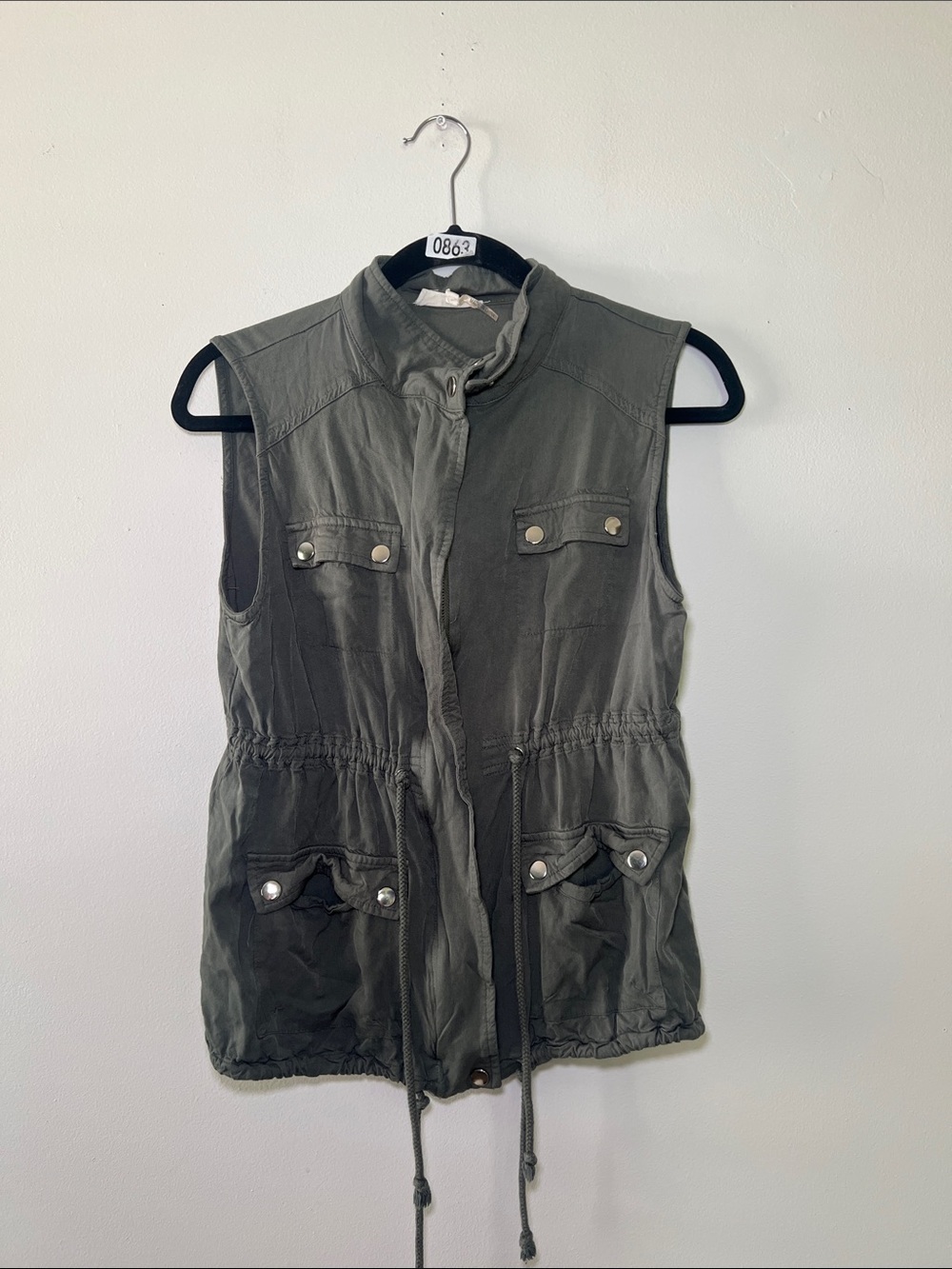 entro Olive Green Sleeveless Utility Vest with Drawstring